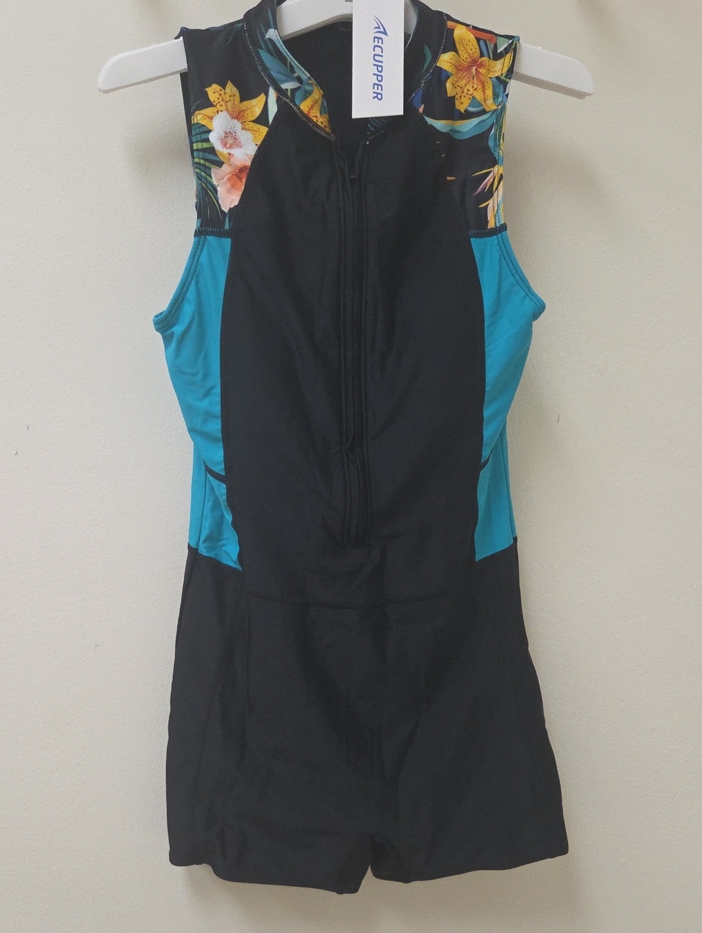 Black and Teal Floral-Accent One-Piece Swim Suit by Ecupper